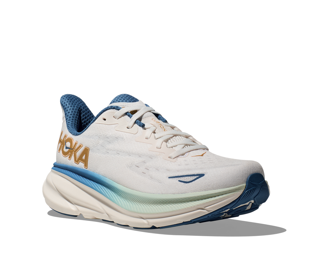 Hoka Mens Clifton 9 Wide - 2E Width - Frost/Gold